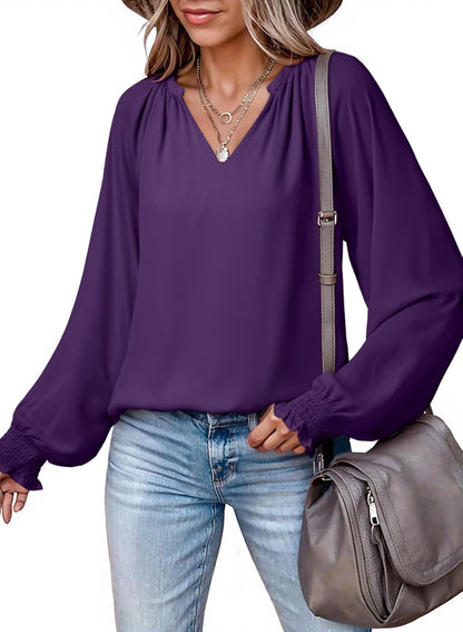 Womens Blouses Dressy Casual Flowy Boho Tops V Neck Long Sleeve Shirts