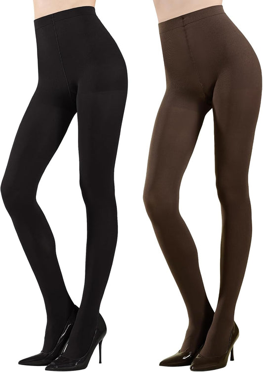 2 Pairs Women'S Opaque Control Top Tights 70D Solid Color Soft Tights Microfiber Nylon Pantyhose
