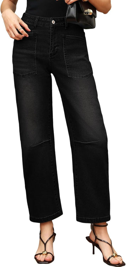 Womens Baggy Barrel Jeans High Waisted Wide Leg Boyfriend Denim Ankle Pants