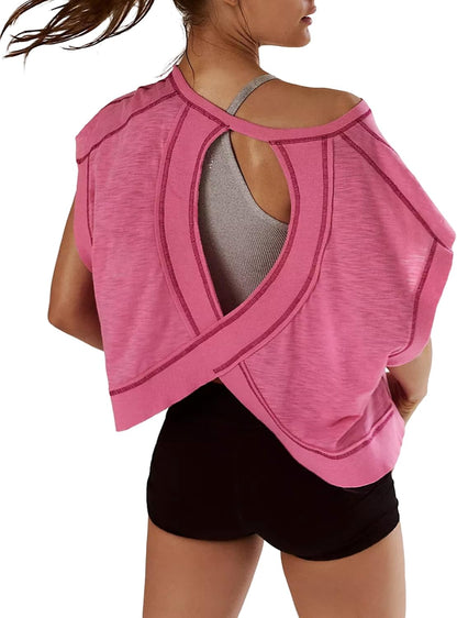 Women Short Sleeve Workout Shirts Open Back Tops Casual Yoga Y2K Athletic Gym Slouchy Crop Running Tees