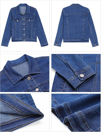 Women'S Basic Button down Long Sleeve Stretchy Jean Trucker Denim Jacket