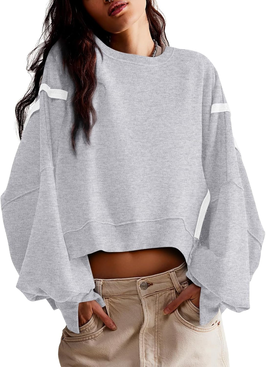 Womens Casual Sweatshirt Long Sleeve Tops Crewneck Loose Fit Tee Pullover Crop Tshirt Side Slit Fall Fashion 2024
