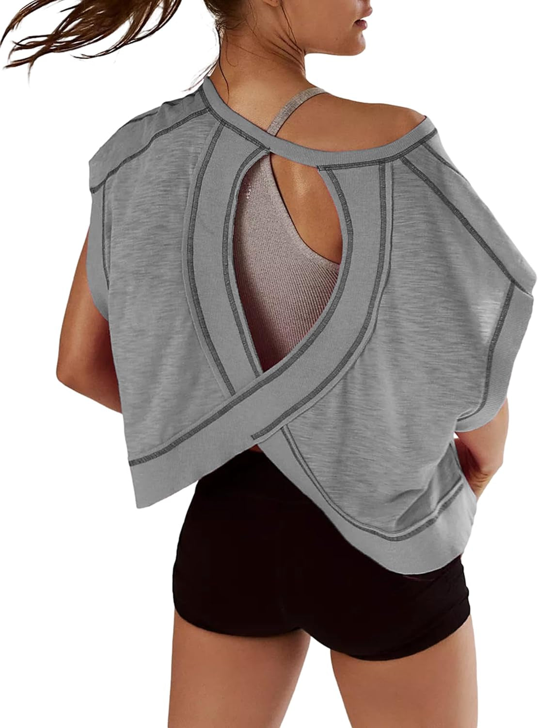 Women Short Sleeve Workout Shirts Open Back Tops Casual Yoga Y2K Athletic Gym Slouchy Crop Running Tees
