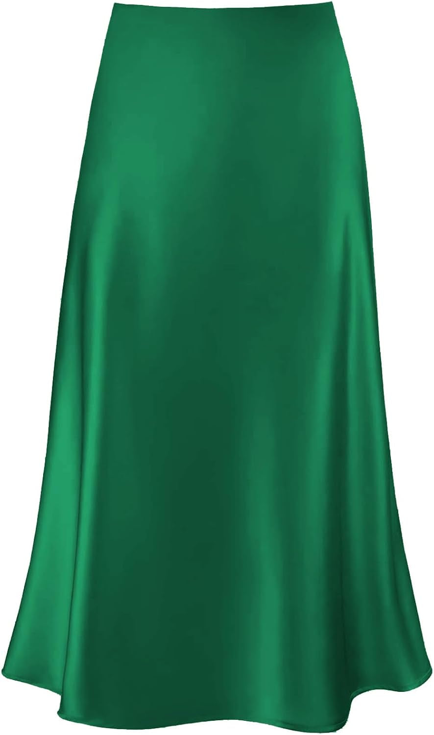 Women'S Satin High Waist Hidden Elasticized Waistband Flared Casual a Line Midi Skirt