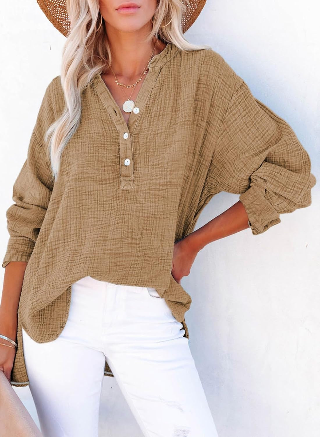 Womens Casual Button V Neck Long Sleeve Shirts Oversized Solid Blouses Tops