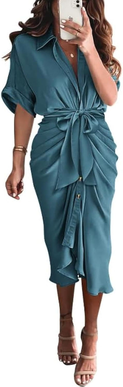 Shirt Dresses for Women Button down Short Sleeve Satin Ruched Maxi Spring Dress 2026 Cocktail Party Wedding Guest
