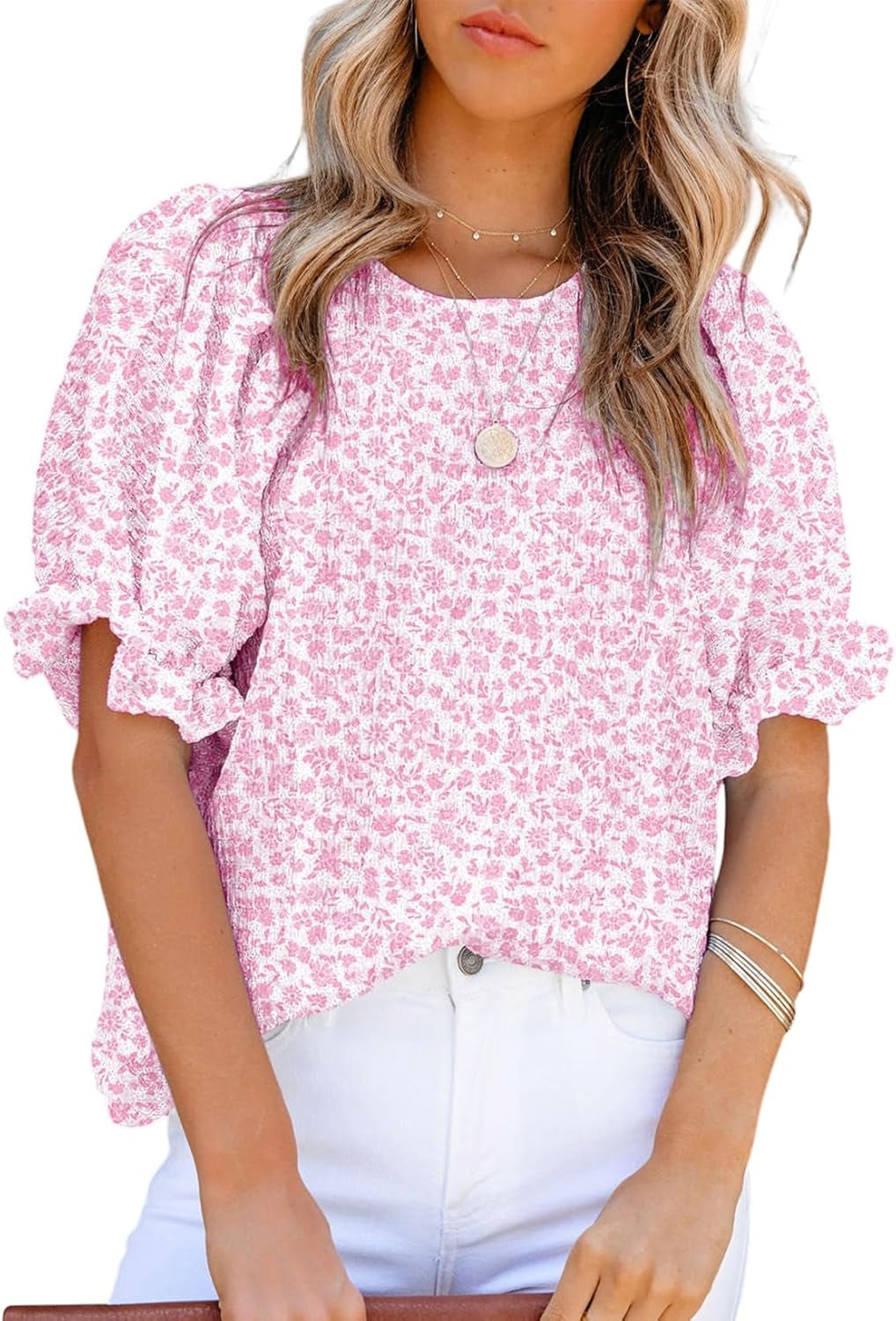 Floral Print Blouses for Women Crewneck Smocked Puff Sleeve Shirts Casual Babydoll Tops
