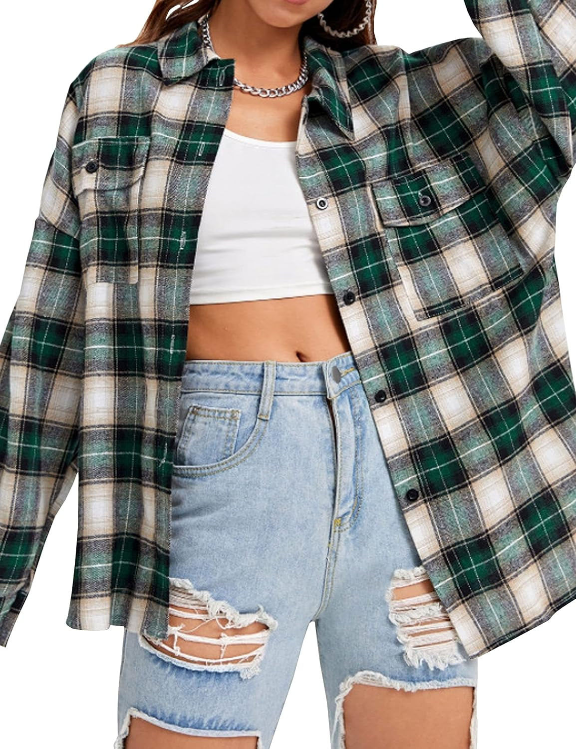 Oversized Flannel Shirt Women Long Sleeve Plaid Button Buffalo Shirt Blouse Tops with One Pocket