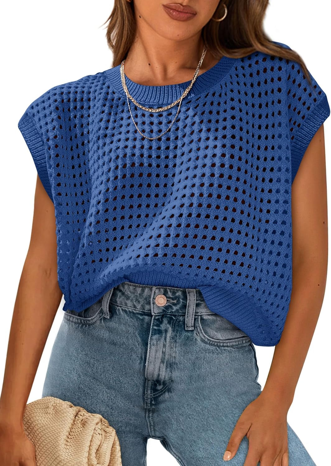 Womens Spring Tops 2026 Summer Shirts Crochet Cap Sleeve Sweater Pullover Cute Beach Vacation Clothes