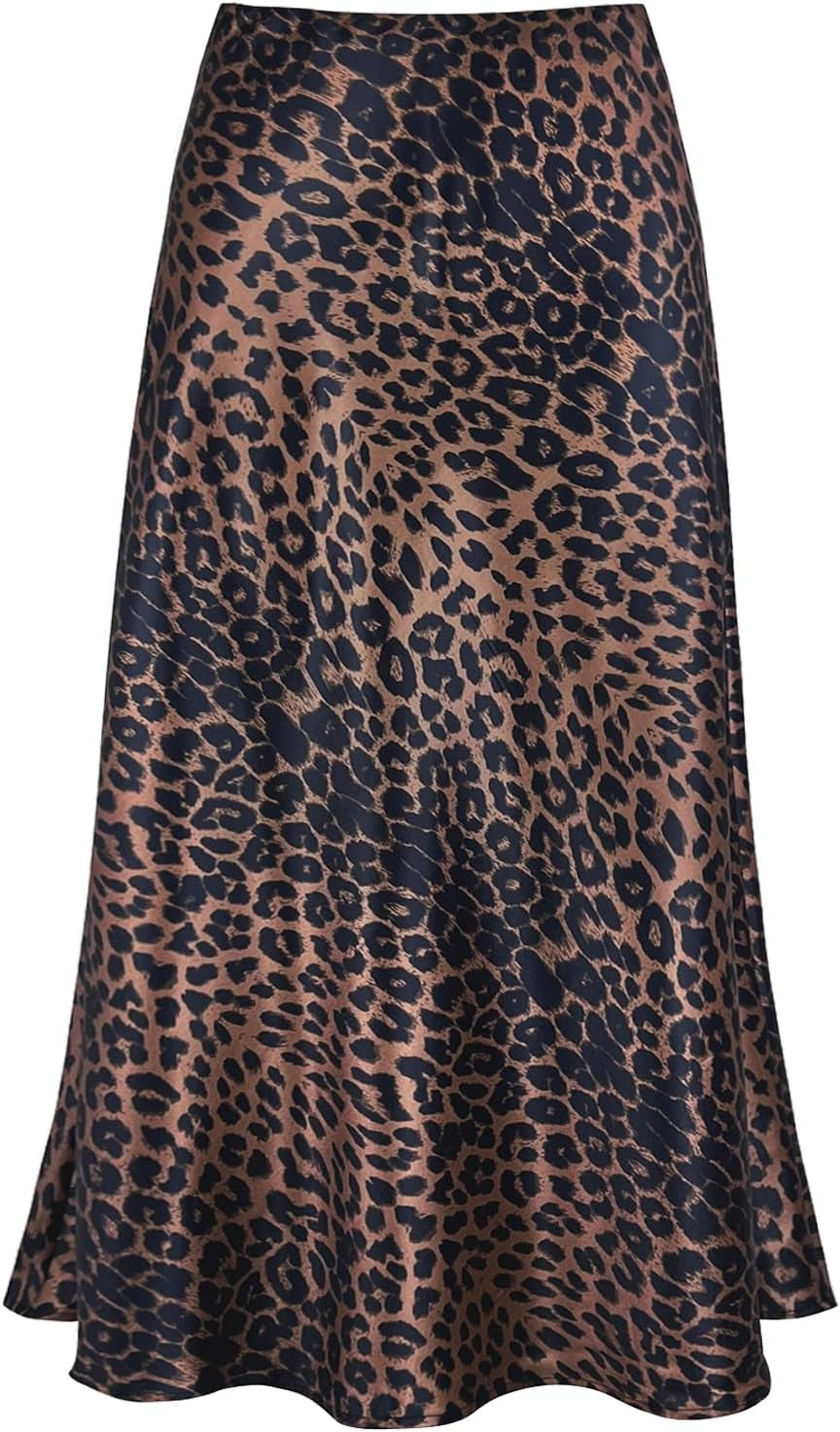 Women'S Satin High Waist Hidden Elasticized Waistband Flared Casual a Line Midi Skirt