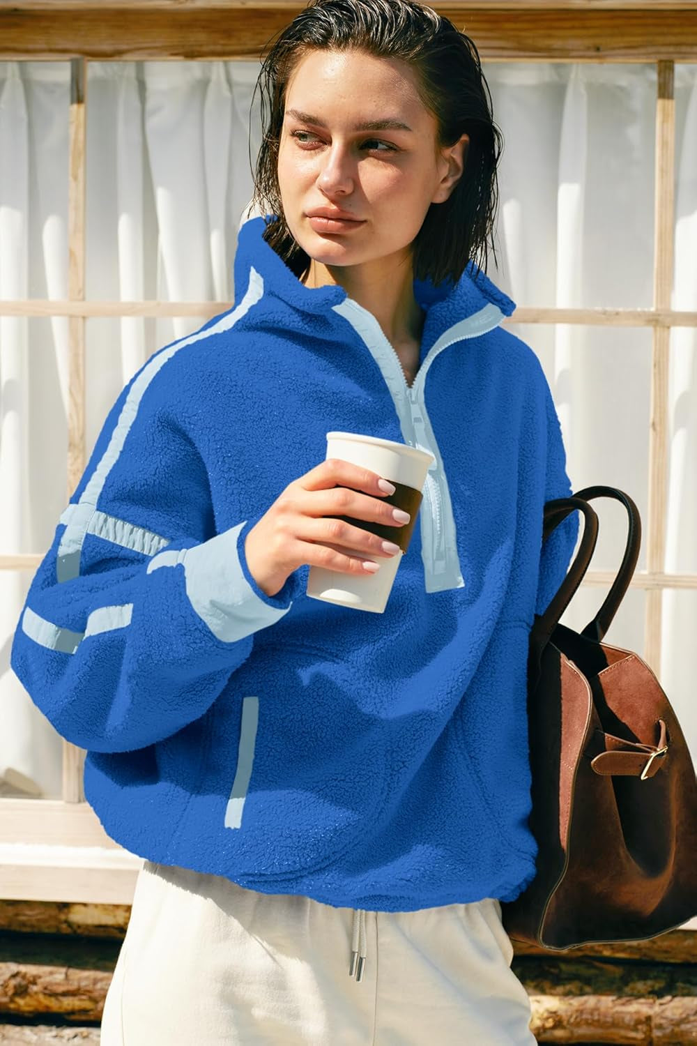 Womens Half Zip Sherpa Fleece Pullover Soft Oversized Sweatshirt with Pockets Warm Fuzzy Sweater