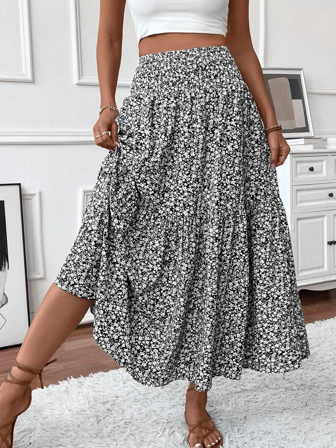 Women'S Smocked High Waist Maxi Skirt Casual Boho Long Skirts with Pockets