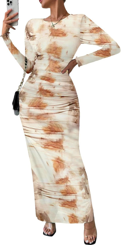 Women Long Sleeve Maxi Dress Bodycon Ruched Formal Slim Fit Tie Dye Dress Formal Mesh Dress