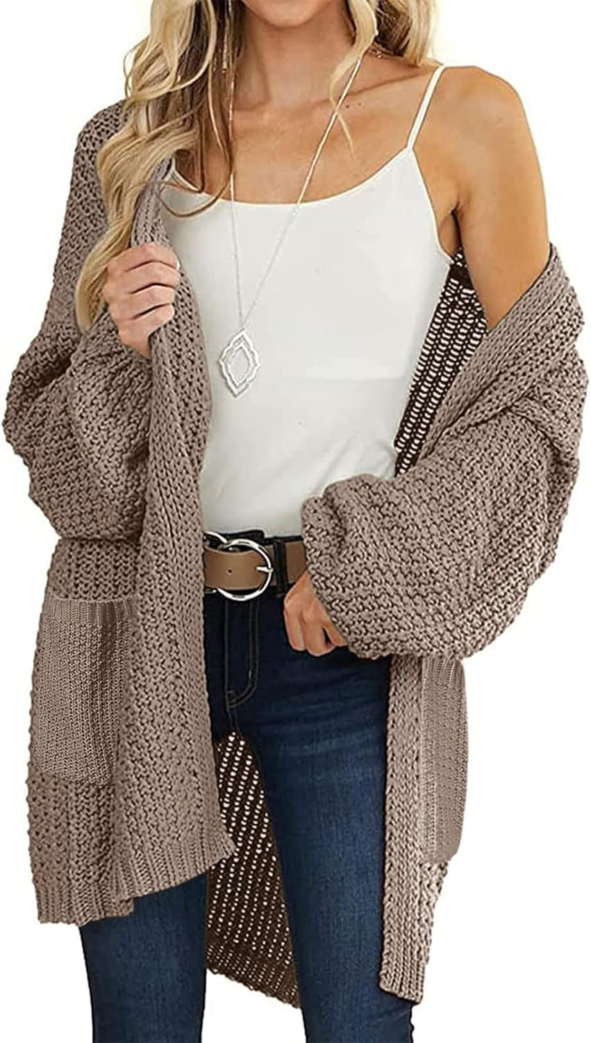 Women'S 2025 Fall Open Front Chunky Knit Sweater Oversized Lantern Sleeve Cardigan Outwear