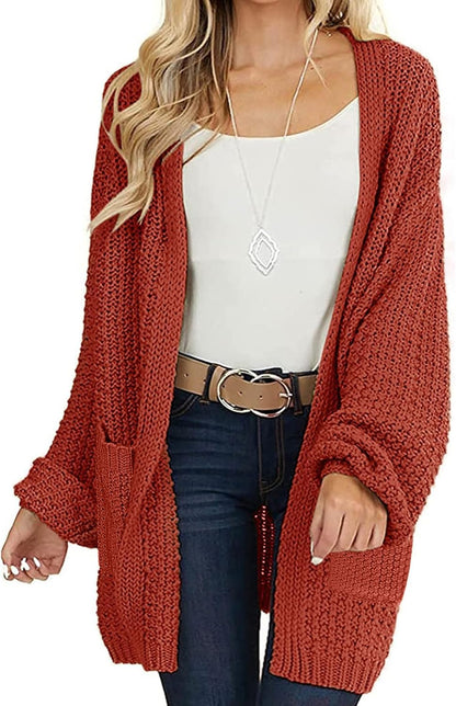 Women'S 2025 Fall Open Front Chunky Knit Sweater Oversized Lantern Sleeve Cardigan Outwear