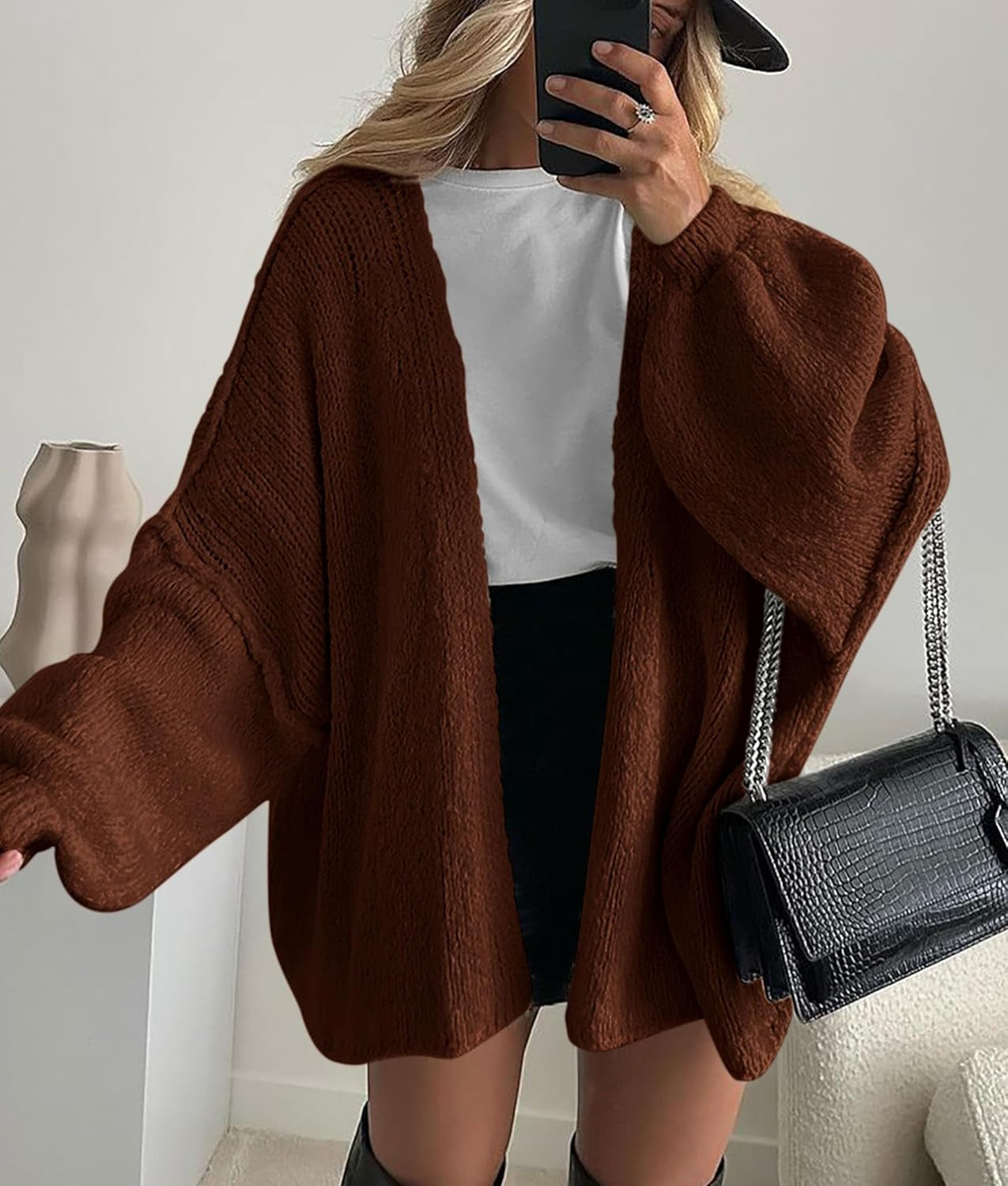 Womens Oversized Cardigan Sweaters 2026 Fall Long Lantern Sleeve Knit Open Front Lightweight Sweater