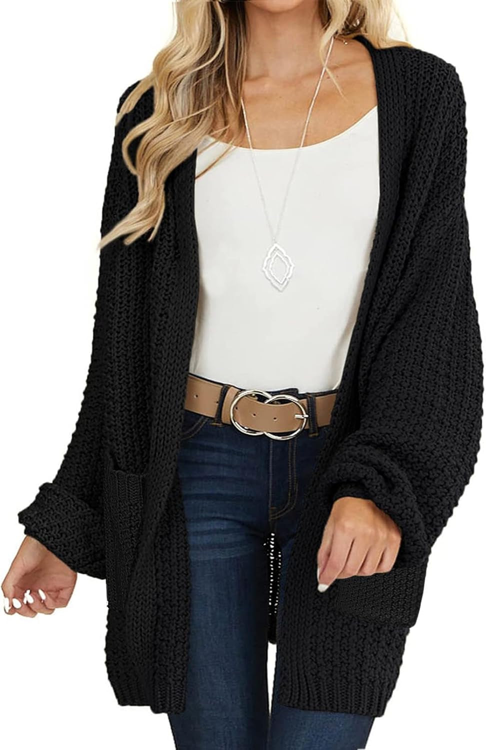 Women'S 2025 Fall Open Front Chunky Knit Sweater Oversized Lantern Sleeve Cardigan Outwear
