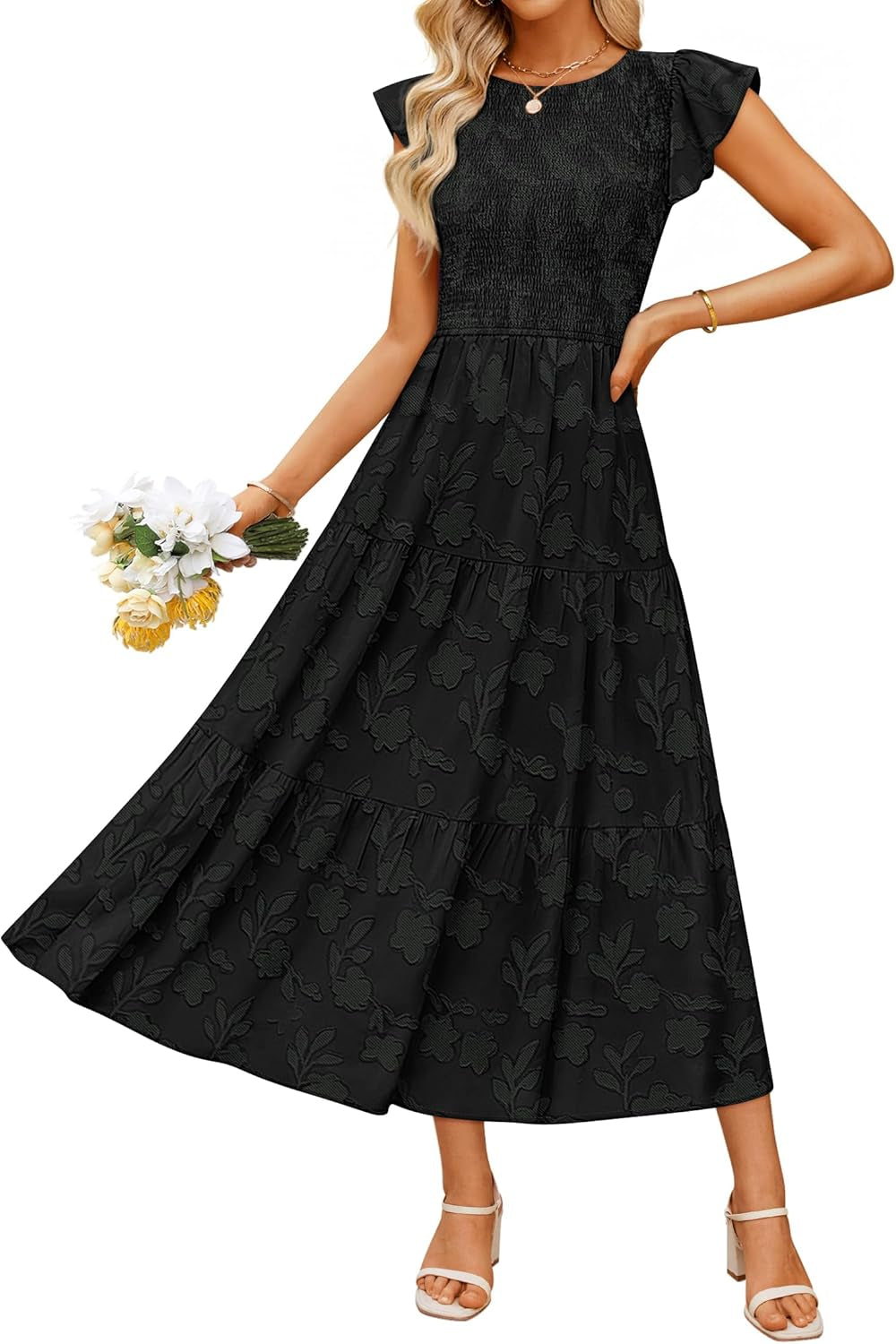 Women'S Summer Boho Floral Midi Dress 2026 Casual Flutter Short Sleeve Crewneck Smocked Flowy Beach Long Dresses