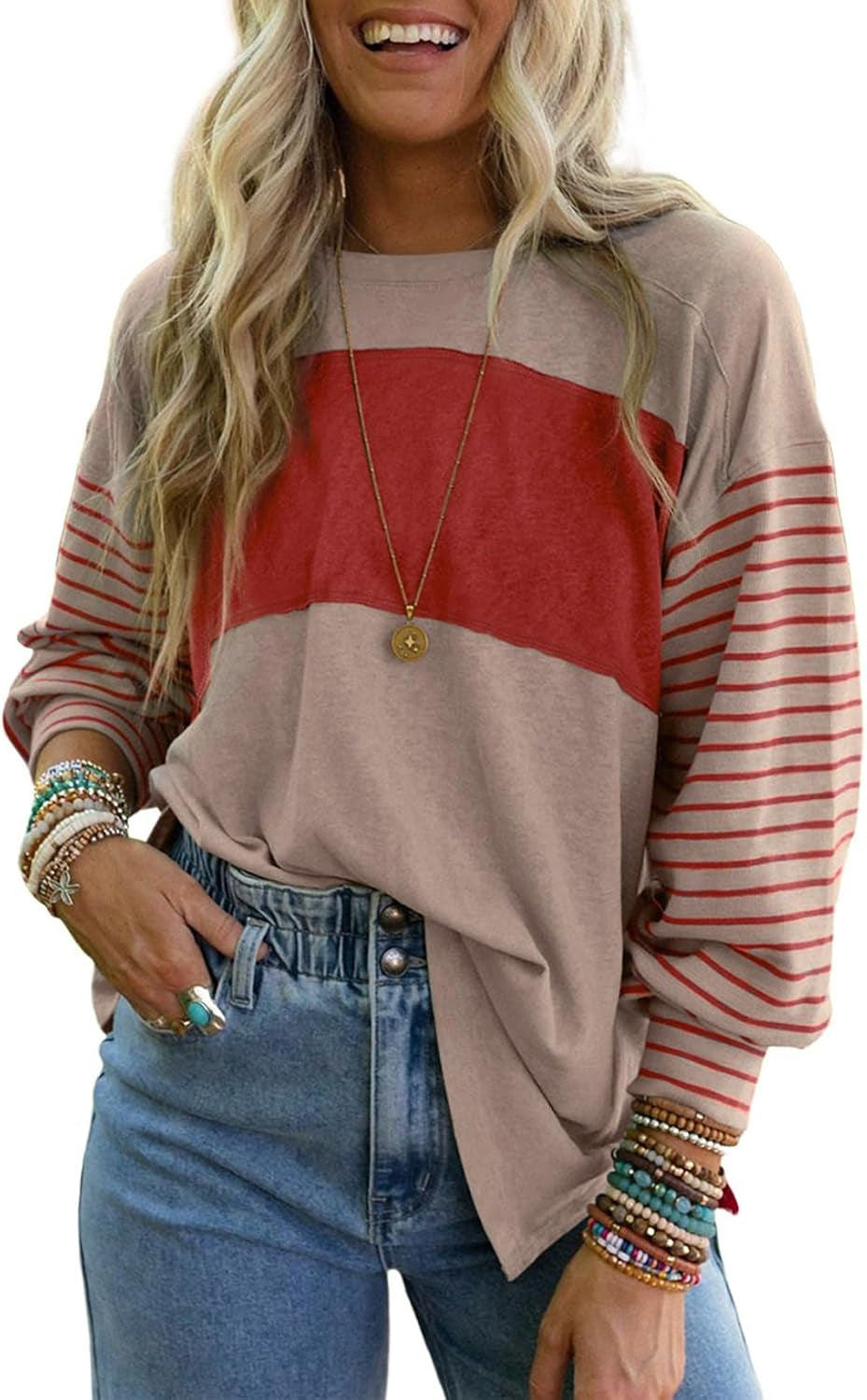 Long Sleeve Tops Oversized 2025 Trendy round Crew Neck Casual Color Block Womens Shirts Blouses