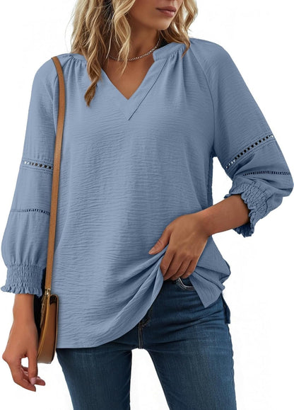 Womens 3/4 Sleeve Tops Pleated Business Casual Outifits V Neck Blouses Office Loose Shirts