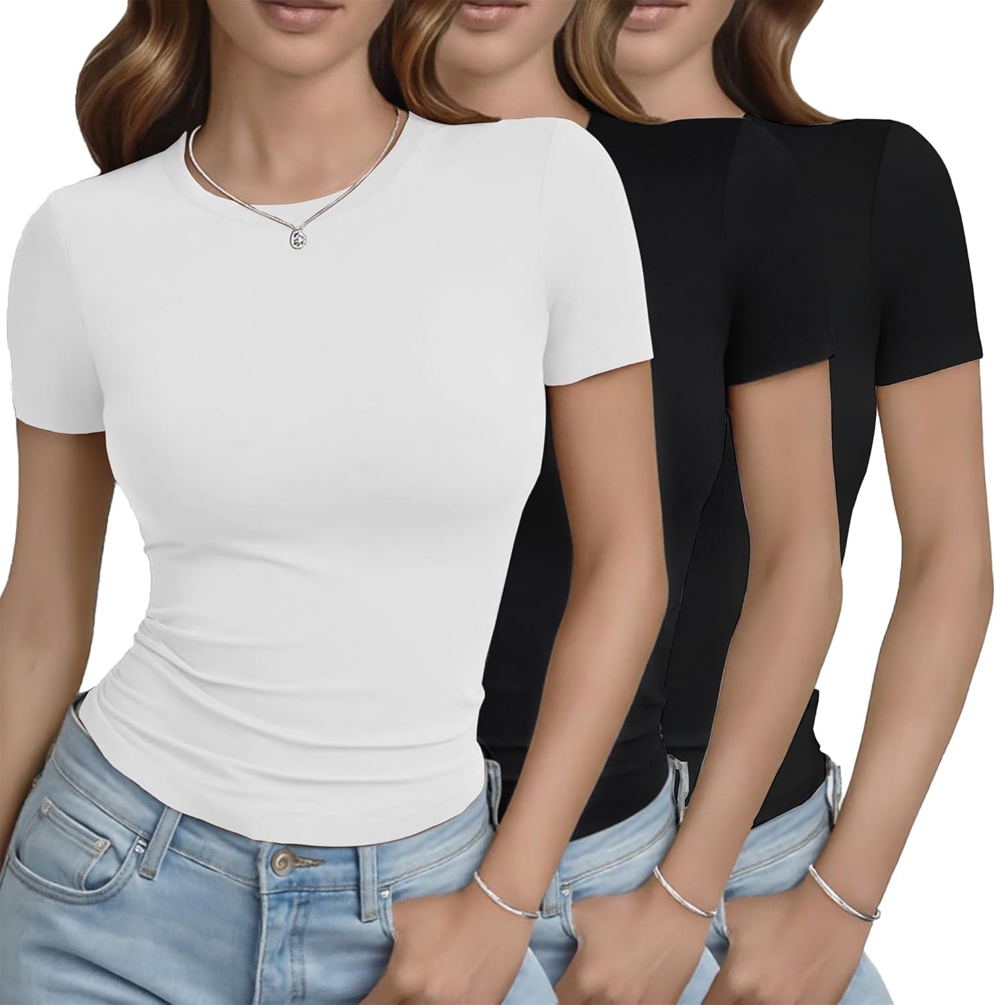 3 Pack Basic Tees for Women - Crew Neck Slim Fit Tight T Shirts Cute Y2K Trendy Crop Tops Clothes for Casual Summer
