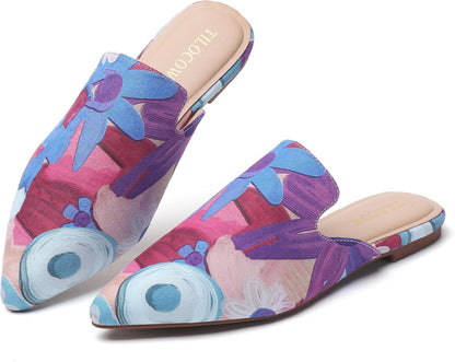 Mules for Woman Comfortable Pointed Toe Backless Loafers Flat Mule Business Casual Shoes Slides Slip On