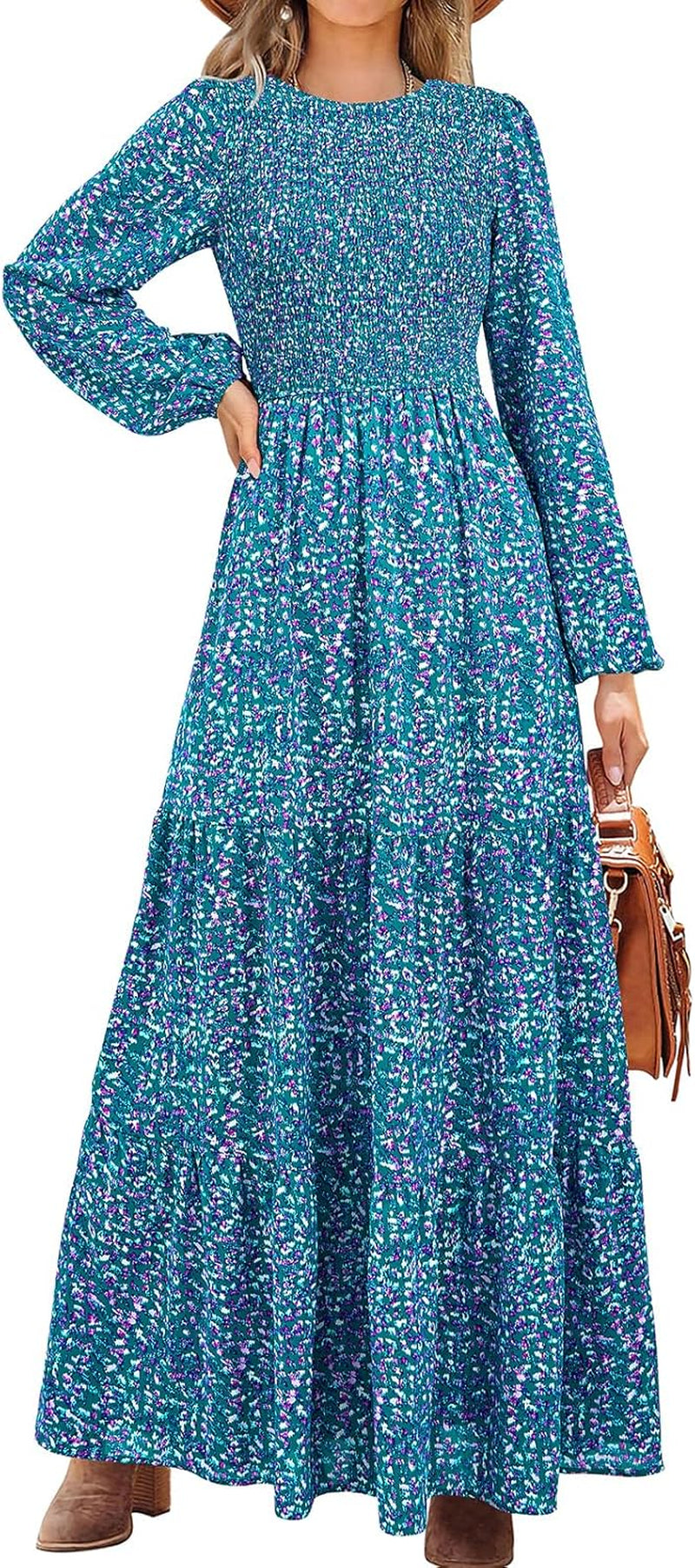 Women'S Spring Dresses 2026 Long Sleeve Flowy Casual Floral Maxi Dress Crew Neck Smocked Tiered Long Dress
