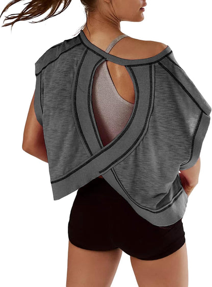 Women Short Sleeve Workout Shirts Open Back Tops Casual Yoga Y2K Athletic Gym Slouchy Crop Running Tees