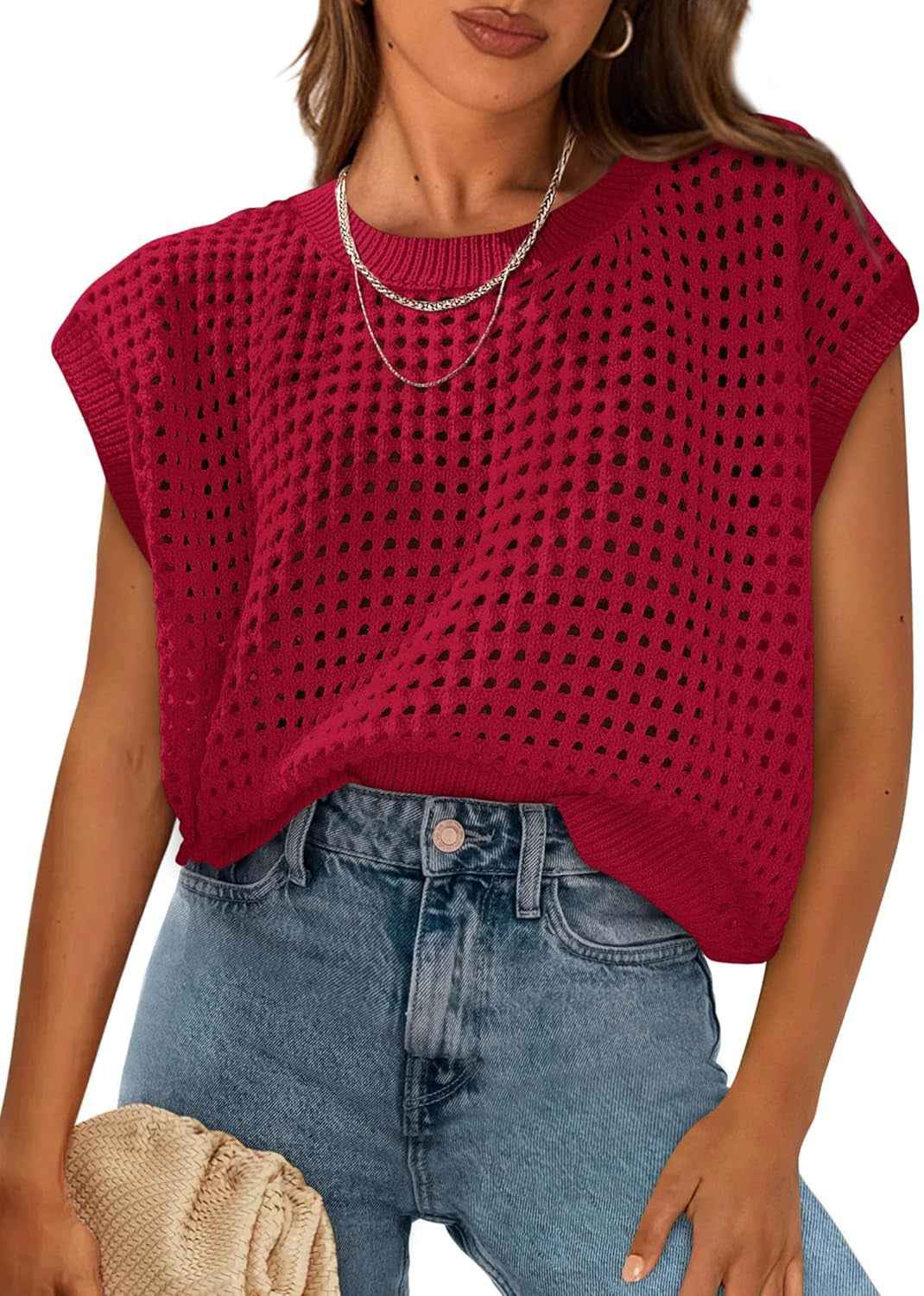 Womens Spring Tops 2026 Summer Shirts Crochet Cap Sleeve Sweater Pullover Cute Beach Vacation Clothes