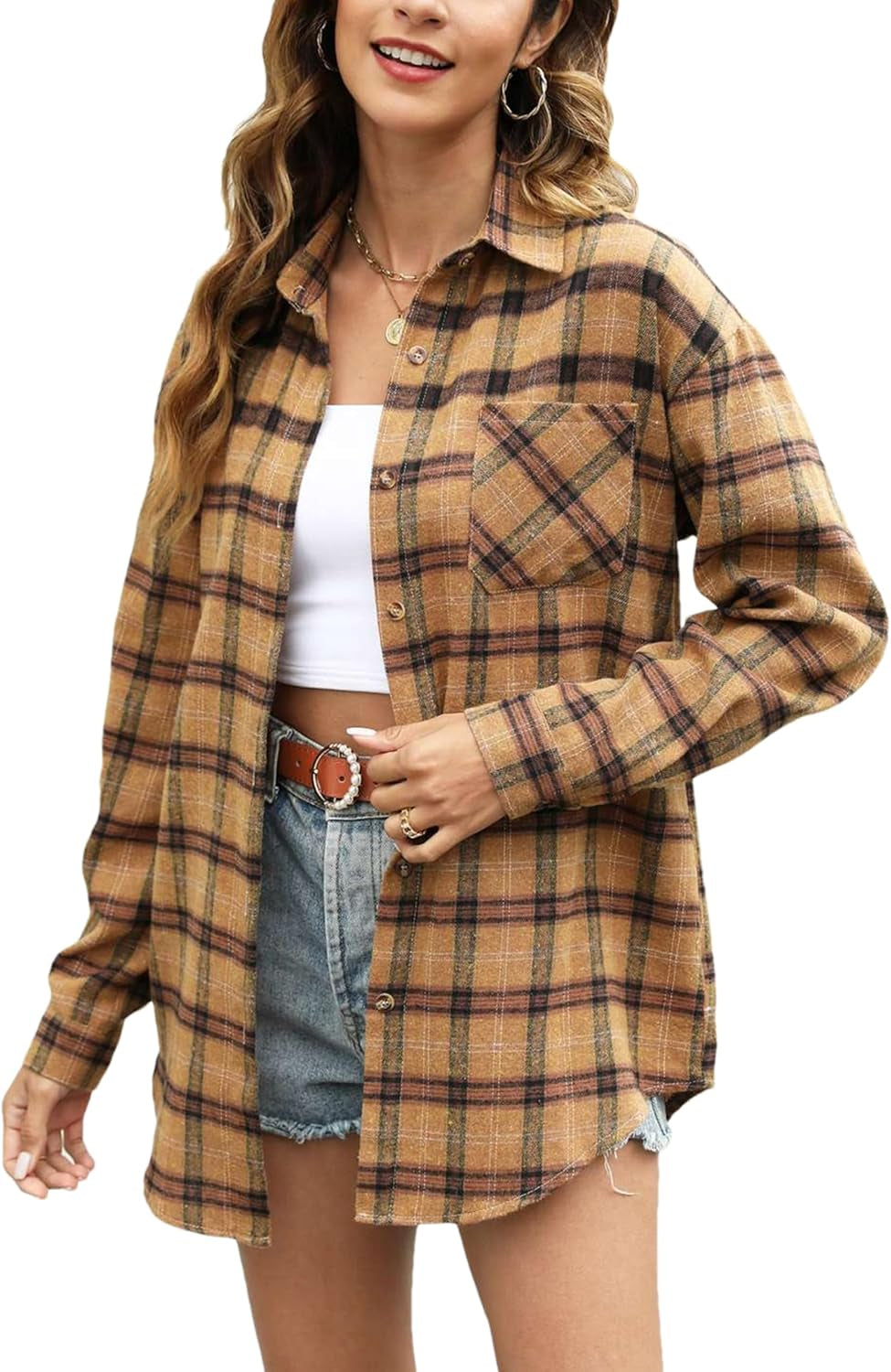 Oversized Flannel Shirt Women Long Sleeve Plaid Button Buffalo Shirt Blouse Tops with One Pocket