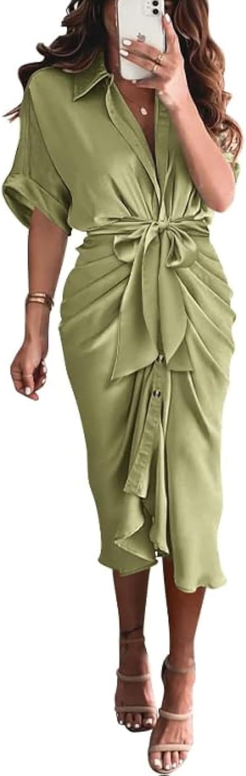 Shirt Dresses for Women Button down Short Sleeve Satin Ruched Maxi Spring Dress 2026 Cocktail Party Wedding Guest