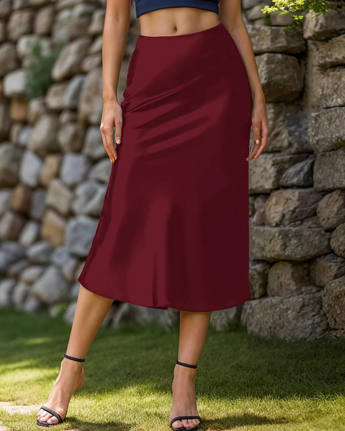Women'S Satin High Waist Hidden Elasticized Waistband Flared Casual a Line Midi Skirt