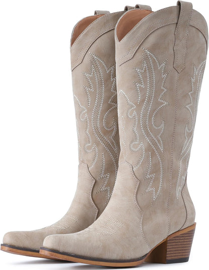 Cowboy Boots for Women Western Cowgirl Boots with Chunky Heel Mid Calf Snip Toe Ideal for Low Insteps