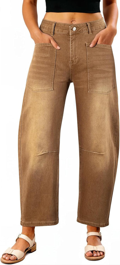 Womens Baggy Barrel Jeans High Waisted Wide Leg Boyfriend Denim Ankle Pants