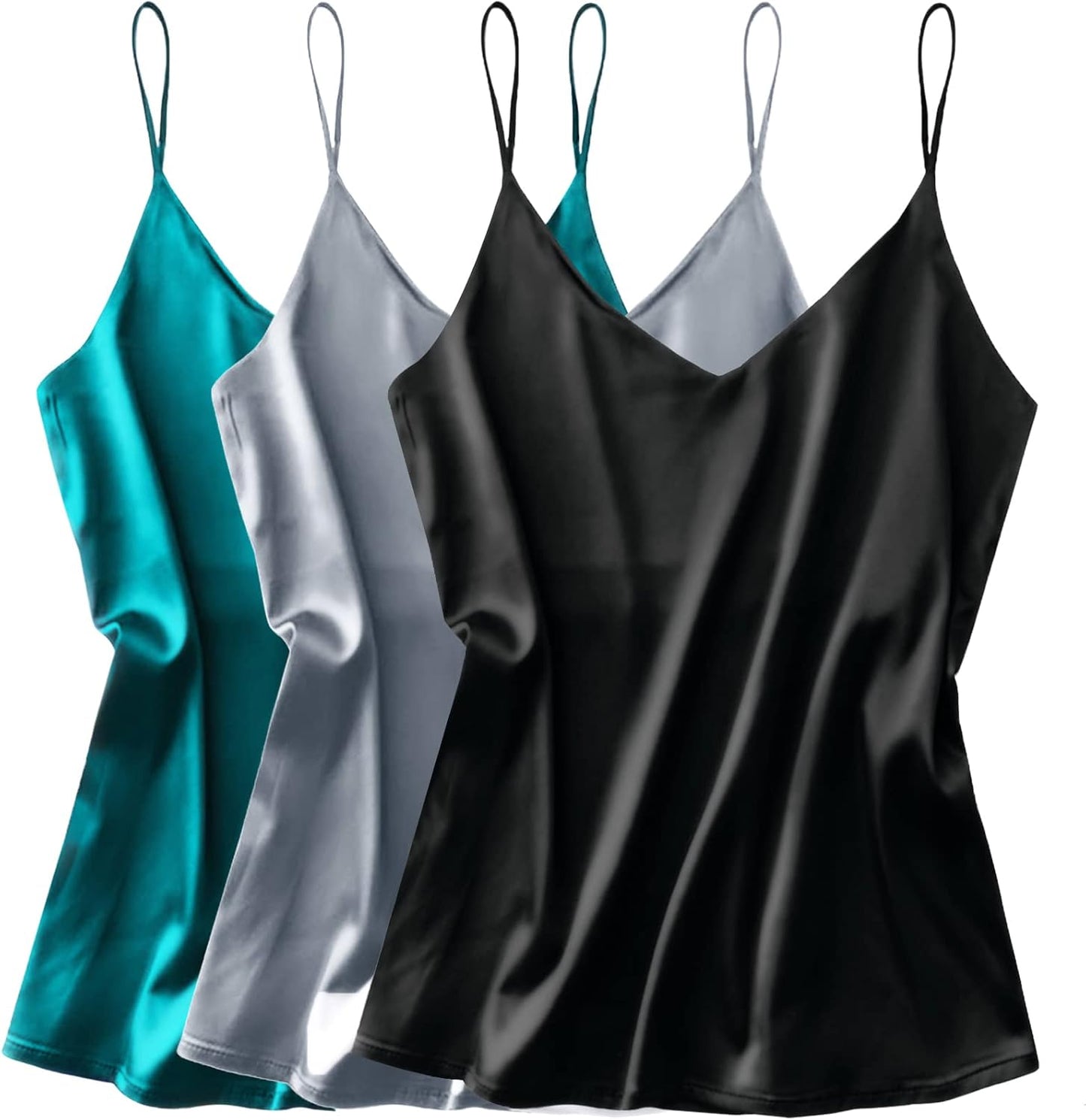 3 Pack: Womens Silk Satin Tank Top V Neck Camisole Cami Spaghetti Strap Top Loose Sleeveless Blouses Tank Shirt