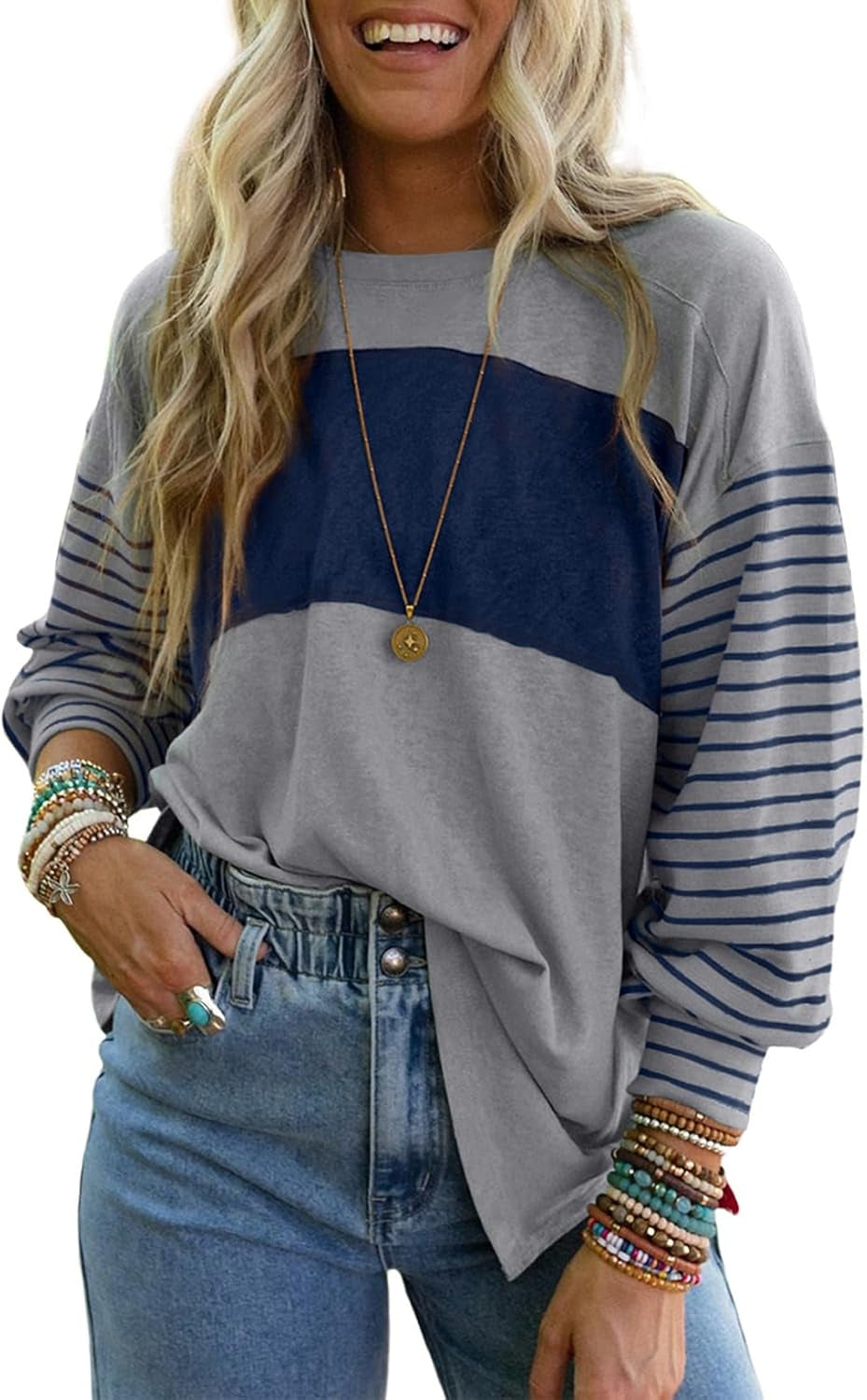 Long Sleeve Tops Oversized 2025 Trendy round Crew Neck Casual Color Block Womens Shirts Blouses