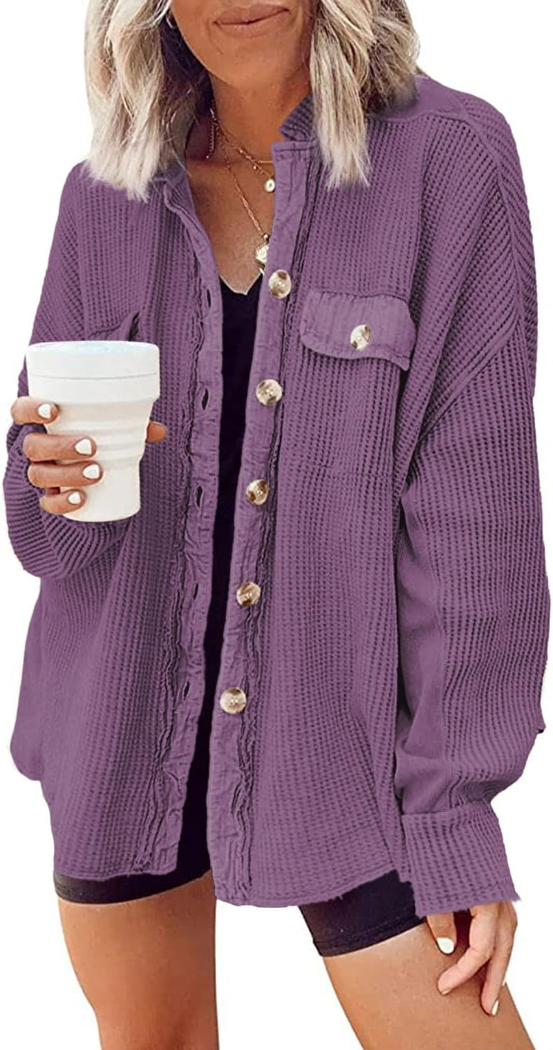 Shackets for Women 2025 Waffle Knit Tops Long Sleeve Button down Shirt Fall Jackets Outfits Corduroy Jacket