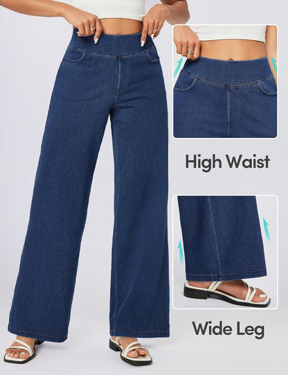 Wide Leg Jeans Woman High Waisted Pull on Baggy Jeans for Women Stretchy Trendy Womens Jean Straight Casual Denim Pants