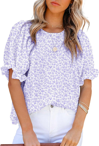 Floral Print Blouses for Women Crewneck Smocked Puff Sleeve Shirts Casual Babydoll Tops