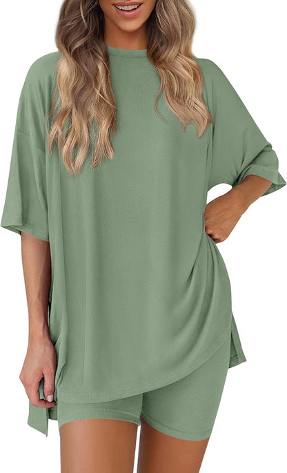 Women 2 Piece Lounge Set 2026 Summer Casual Oversized Shirts Biker Shorts Matching Airport Travel Outfit Clothes