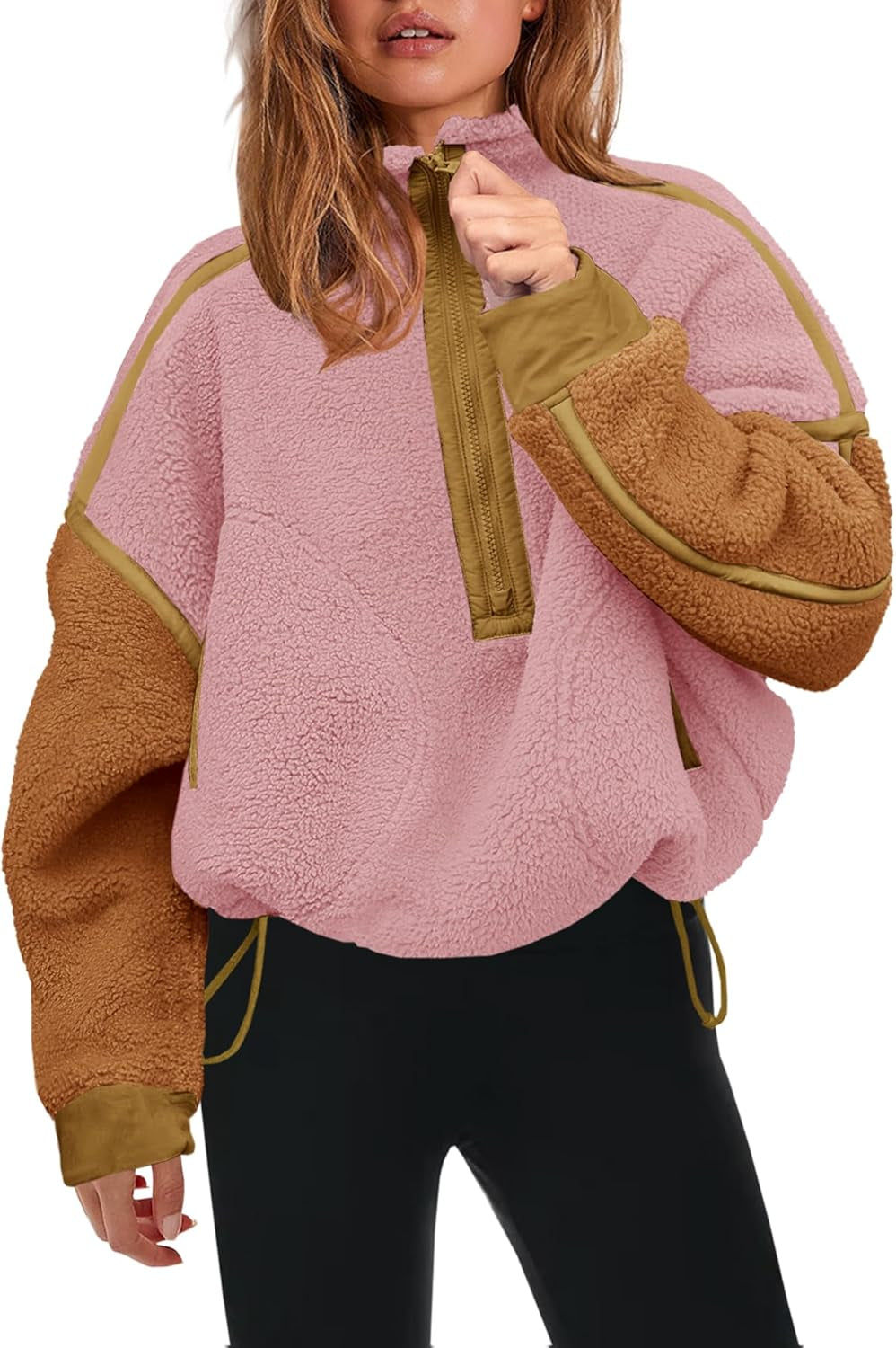 Womens Half Zip Sherpa Fleece Pullover Soft Oversized Sweatshirt with Pockets Warm Fuzzy Sweater