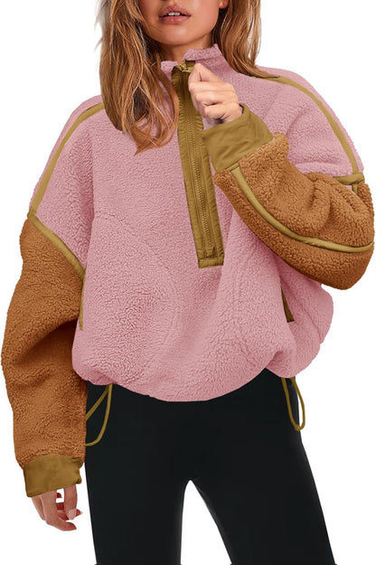 Womens Half Zip Sherpa Fleece Pullover Soft Oversized Sweatshirt with Pockets Warm Fuzzy Sweater