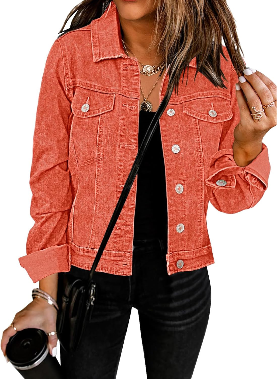 Women'S Basic Button down Long Sleeve Stretchy Jean Trucker Denim Jacket