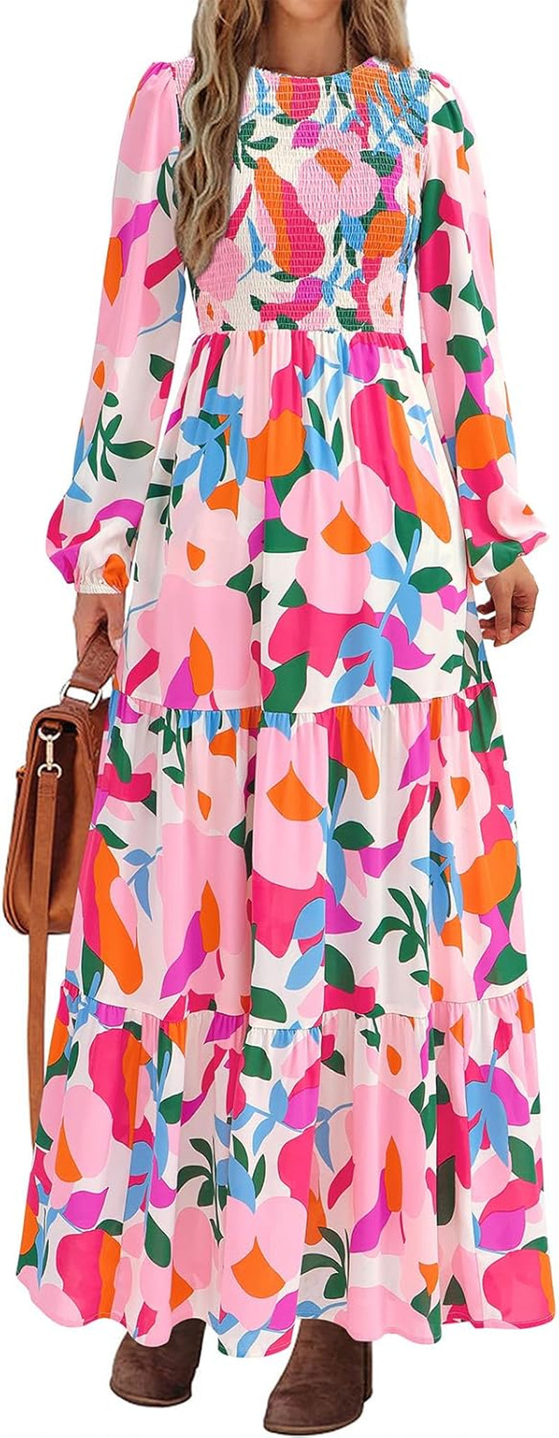 Women'S Spring Dresses 2026 Long Sleeve Flowy Casual Floral Maxi Dress Crew Neck Smocked Tiered Long Dress