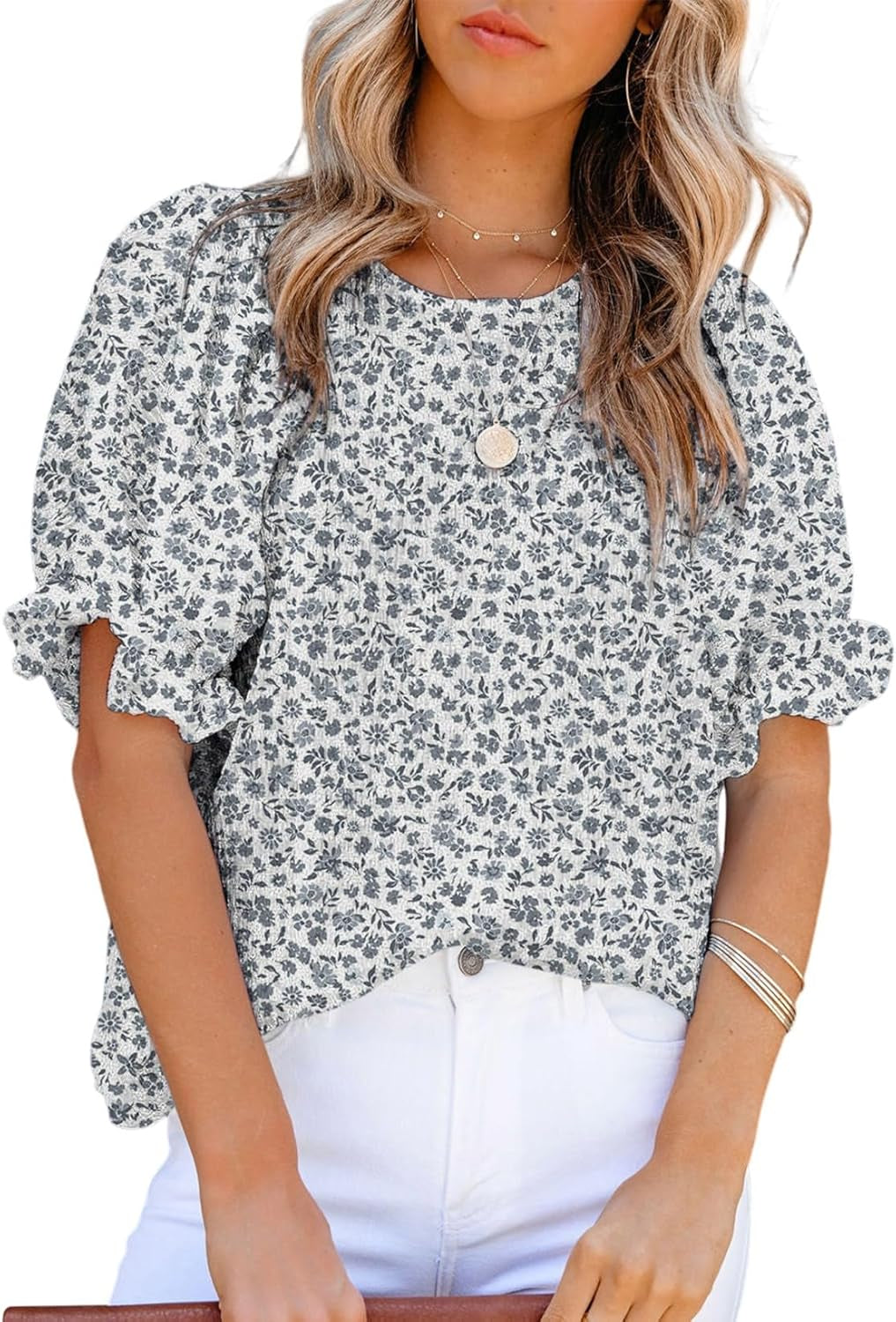 Floral Print Blouses for Women Crewneck Smocked Puff Sleeve Shirts Casual Babydoll Tops
