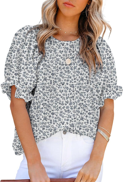 Floral Print Blouses for Women Crewneck Smocked Puff Sleeve Shirts Casual Babydoll Tops