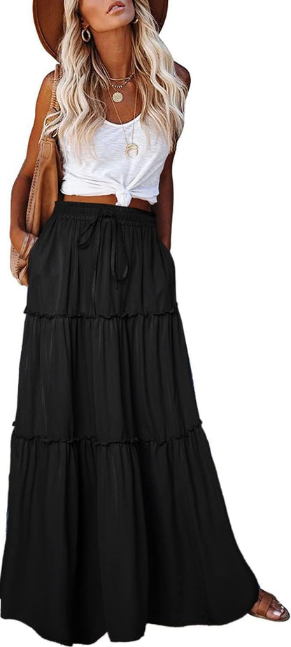 Womens Boho Maxi Skirt 2026 Summer Cruise Casual High Waist Tie Flowy Long Skirt with Pockets for Beach Vacation