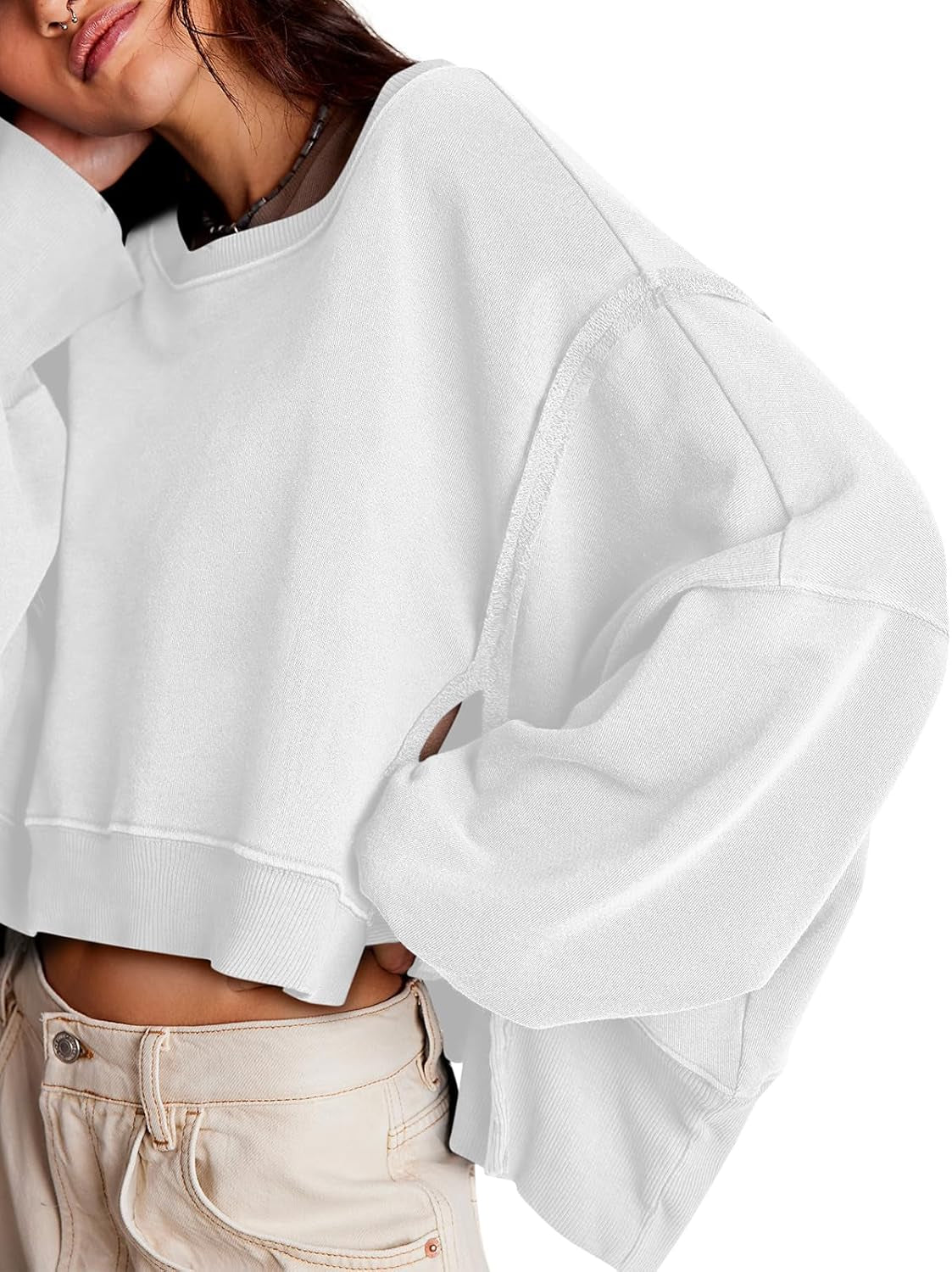 Womens Casual Sweatshirt Long Sleeve Tops Crewneck Loose Fit Tee Pullover Crop Tshirt Side Slit Fall Fashion 2024