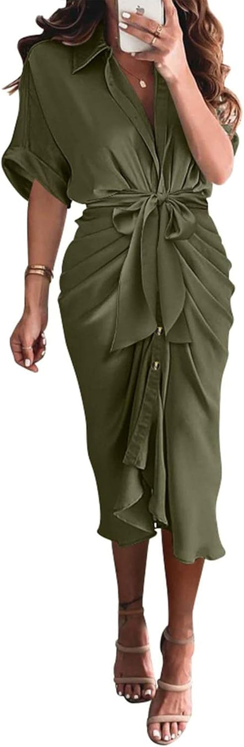 Shirt Dresses for Women Button down Short Sleeve Satin Ruched Maxi Spring Dress 2026 Cocktail Party Wedding Guest