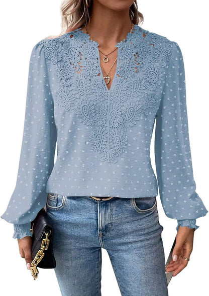Womens Tops Swiss Dot Boho Long Sleeve Shirts V Neck Casual Chiffon Blouses Flowy Lace Hem Cute Clothing Trendy 2025